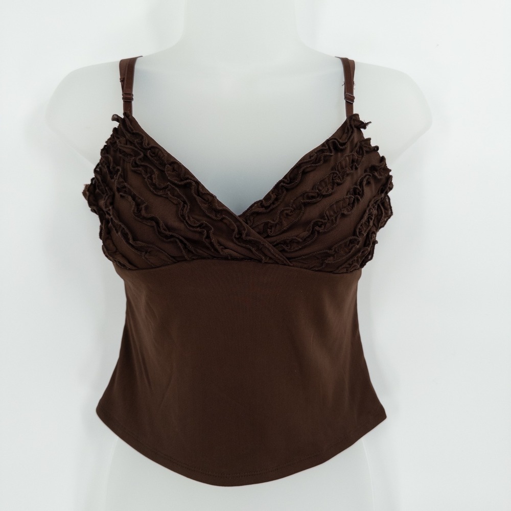 Vintage Y2K Chocolate Brown Babydoll Cami‎ Top Womens Med Fitted Stretchy Ruffle